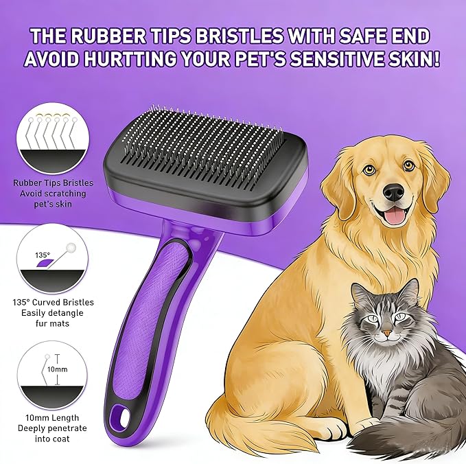 Self Cleaning Slicker Brush for Dog and Cat - Skin Friendly Shedding & Grooming Tool for Long and Short Haired Pets,Easy Clean Retractable Bristles, Purple