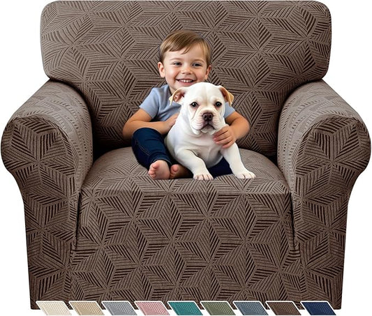 YEMYHOM 1 Piece Stretch Chair Sofa Slipcovers Couch Covers for 1 Seat, Jacquard Armchair Covers with Non-Slip Elastic Bottom, Thickened Furniture Protector for Dogs Pets kids (Small, Brown）