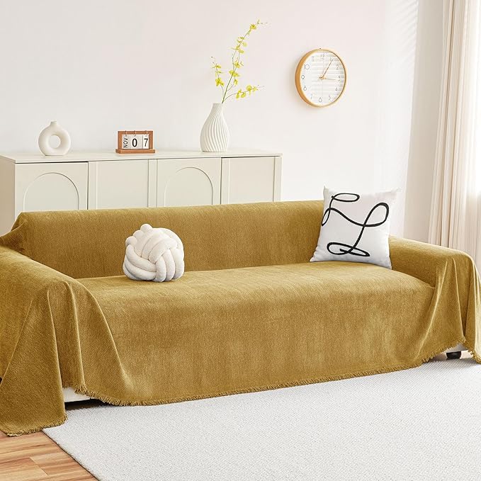 hyha Couch Cover for Dogs, Boho Sofa Covers for 3 Cushion Couch Washable, Chenille Sofa Slipcover for Pets, Soft Loveseat Sectional Couch Throw Blankets with Tassels (Yellow, 71x150 Inch)