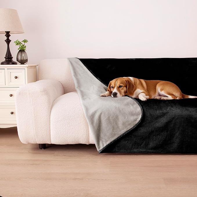 Waterproof Dog Blanket for Couch, Reversible Pet Throw Blankets Leak Proof Sofa Bed Protector for Furniture Machine Washable-52x82,Black+Lightgrey