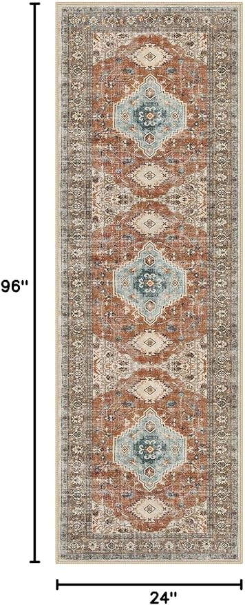 Lahome Oriental Hallway Runner Rug, 2.5x8 Kitchen Runner Non Slip Ultra-Thin, Soft Washable Hallway Rug Non Shedding Long Carpet for Entryway ‎Laundry Room Bathroom Eleanor, Orange/Multi