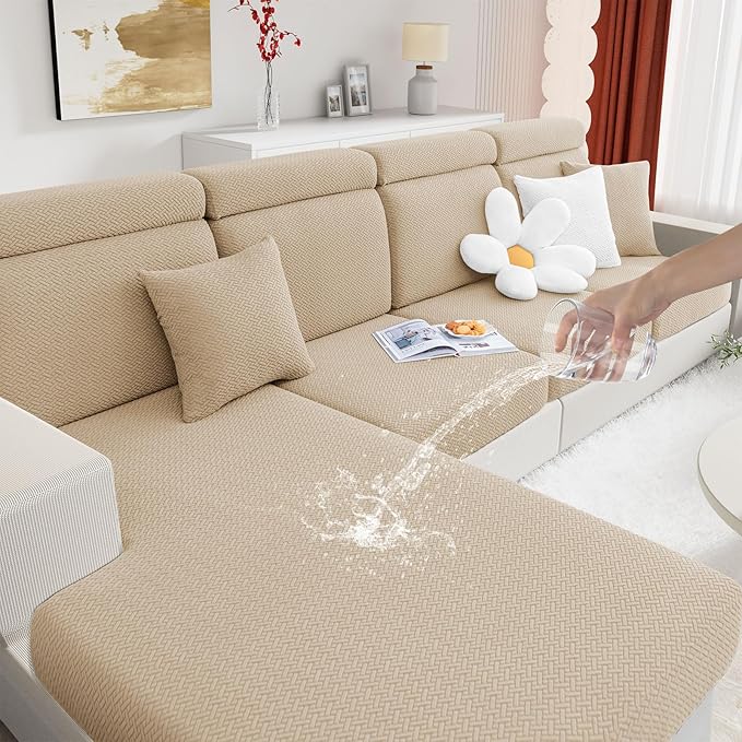 hyha Waterproof Couch Cushion Covers, Wear Resistant Couch Cover, Anti Slip Sofa Slipcovers Washable, Soft Thick Jacquard Furniture Protector for Pets Dog (2 Packs, Camel)