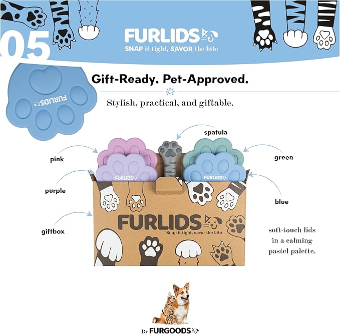 FURLIDS Furgoods 4-Pack Dog Food Can Lids & Cat Food Can Lid Set with Spatula – Silicone Pet Food Cans Covers, Airtight & Reusable – Universal Fit, Dishwasher Safe