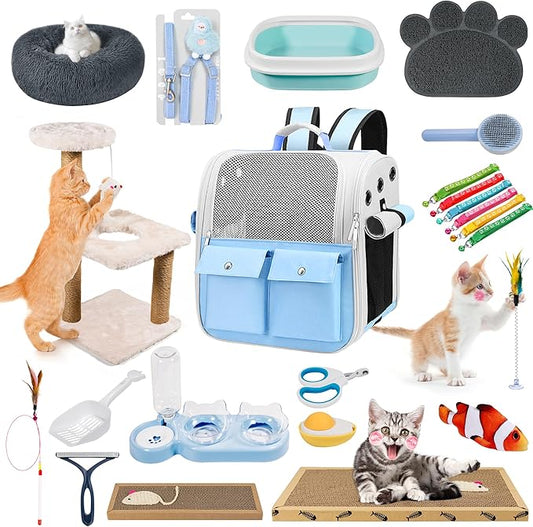 Kitten Starter Supplies Starter Kit, 20 pcs of Essentials, Including Bed, Carrier, Litter Mat, Box, Collar, Bowls and More, Perfect for New Cat Owner - Blue