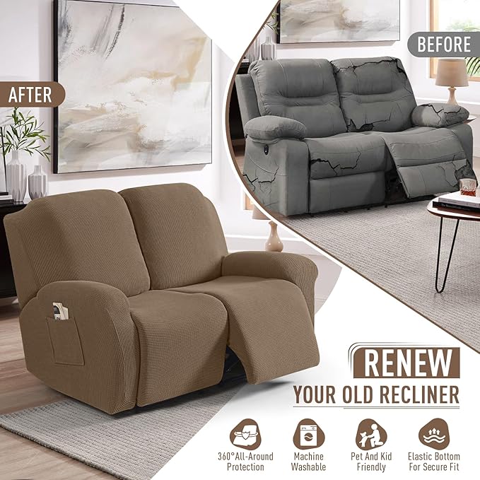 TAOCOCO Recliner Loveseat Slipcover, 6 Pieces Dual Recliner Sofa Covers for 2 Seat Dual Reclining Loveseat Couch, Stretch Soft Jacquard Pattern Furniture Protector with Elasticity (Khaki)