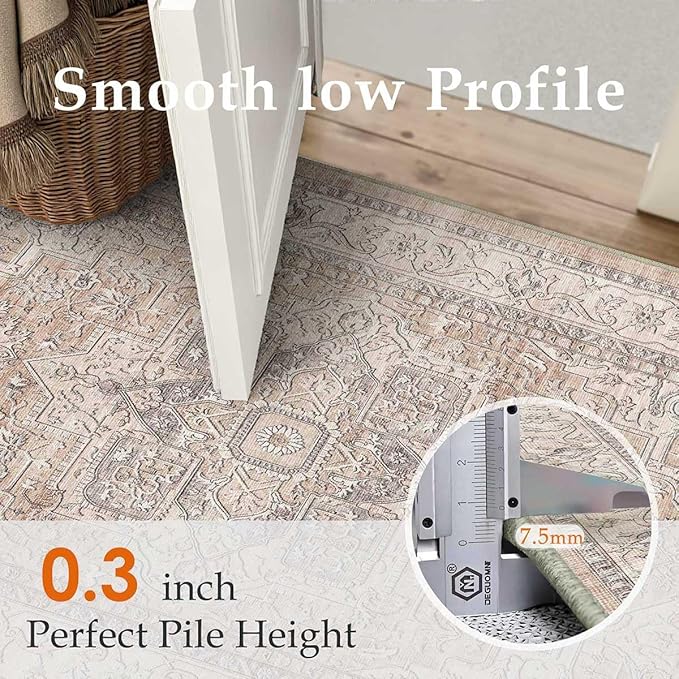9x12 Washable Vintage Area Rug Coral Oriental Living Room Bedroom Throw Rug Neutral Non Slip Soft Low Pile Carpet for Dining Room Office Nursery Indoor