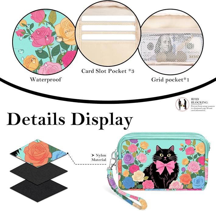 BIAOTIE Wristlet Purses for Women, Nylon Small Crossbody Bags with Adjustable Strap 3 Zipper Wristlet Wallet Phone Organizer