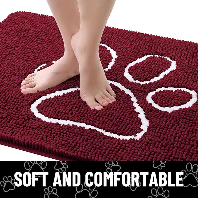 Smiry Dog Door Mat for Muddy Paws, Absorbent Dirt Trapper Non Slip Quick Dry Washable Chenille Mat for Mud Dogs, Entry Rug for Indoor and Outdoor (47x24 Inches, Burgundy and White)