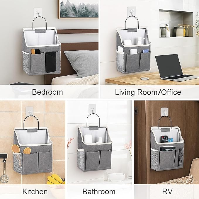 3pcs Wall Hanging Organizer Bag, Linen Fabric Door Hanging Storage Basket with Pockets, Waterproof Bin for Kitchen Bedroom Bathroom Office RV Camper, Gray