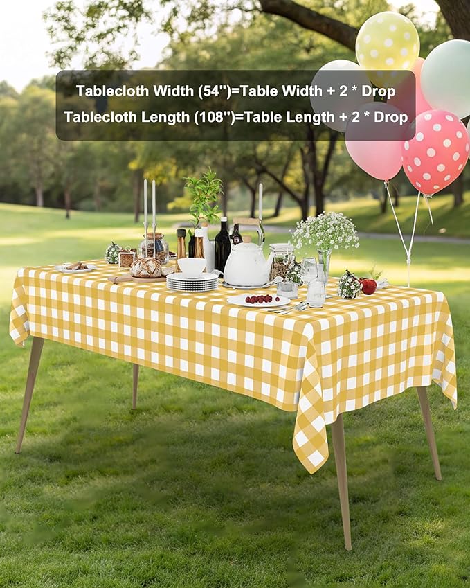 Smiry 20 Packs Gingham Disposable Table Cloth, 54 x 108 Inch Waterproof Plastic Tablecloth, Rectangle Gold and White CheckeGold Table Covers for Picnic, Birthday, Party