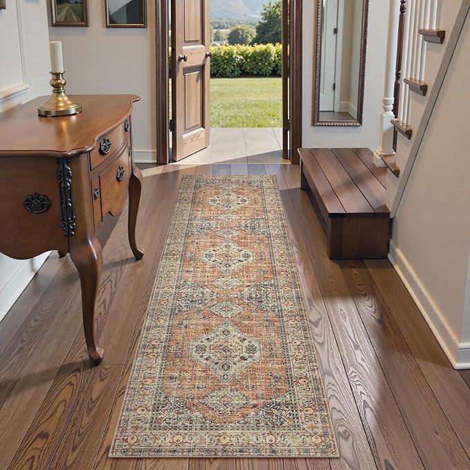 Lahome Oriental Washable Runner Rug Non Slip, 2x7 Rug Runners for Hallways Non Slip Vintage Ultra-Thin Soft Long Carpet for Kitchen Laundry Room Bedroom Eleanor, Peach/Orange