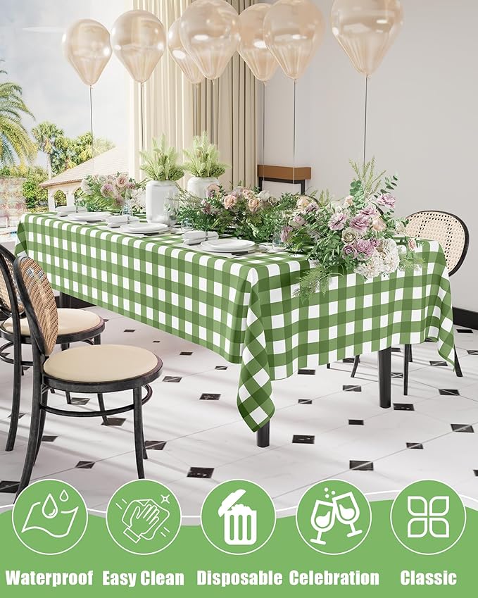 Smiry 12 Packs Gingham Disposable Table Cloth, 54 x 108 Inch Waterproof Plastic Tablecloth, Rectangle Sage Green and White Checkered Table Covers for Picnic, Birthday, Party