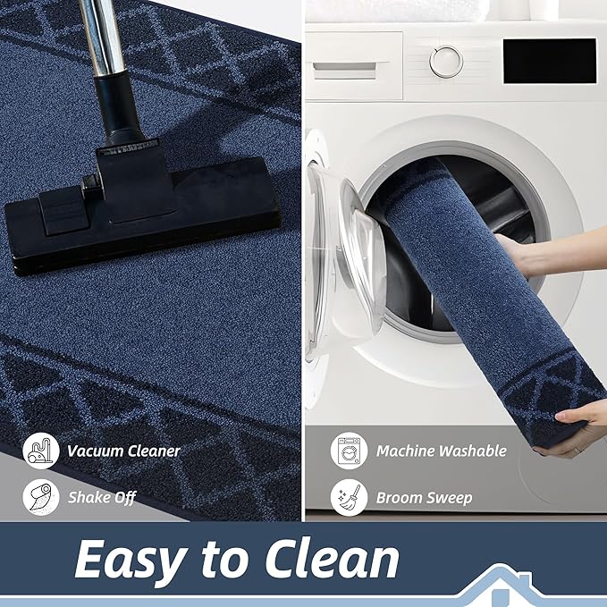 BEQHAUSE Door Mat Dirt Trapper Non Slip Entryway Rugs Absorbent Welcome Mat Low Profile Washable Front Door Mat for Muddy Paws,Entrance,Hallway, 20" x 32", Navy Blue