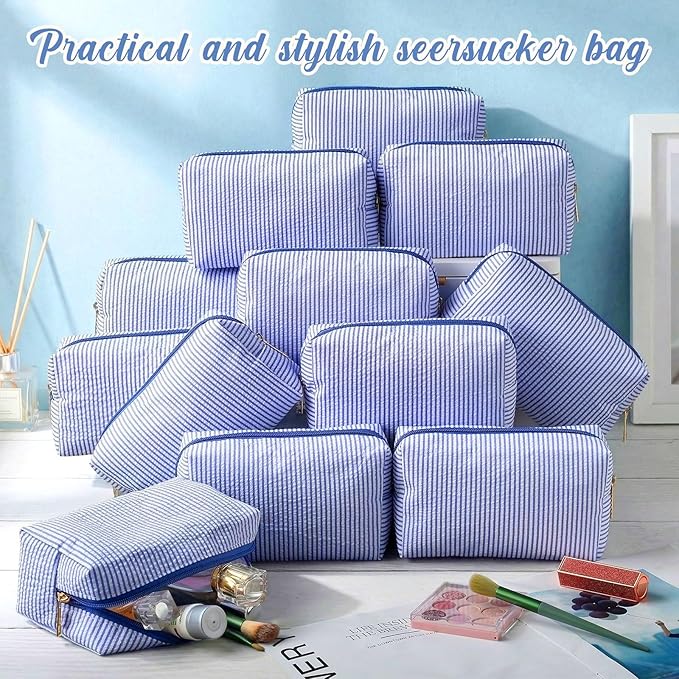 Sanwuta 12 Pcs Seersucker Cosmetic Bags Bulk Seersucker Makeup Bags Stripe Women Pouch Large Preppy Storage Pouch Toiletry Travel Organizer for Wedding Bridesmaid Bride Favor Mom Gift (Lake Blue)