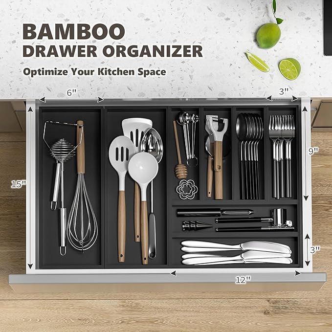 Greatseas Kitchen Drawer Organizer Tray, Stackable Black Bamboo Drawer Organizer for Large Silverware, Utensils, Cutlery, Flatware, Junk, Dresser, Bathroom, 17" x 6" x 2.5" (Set of 2)