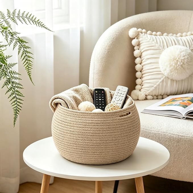 Goodpick Wicker Storage Basket for Living Room, Small Round Woven Basket for Toys, Towel, Bedroom, Children Corner Decoration Plant Baskets Indoor, Jute, 10"D x 8.3"H