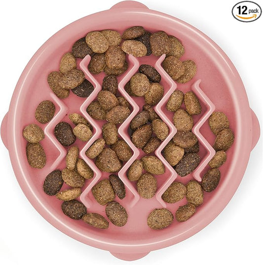 Outward Hound Fun Feeder Slo Bowl – Small 3/4-Cup Capacity,Slow Feeding,Small Dogs,Puppies & Cats,Non-Slip,Pink,Wave Pattern,(Pack of 12)