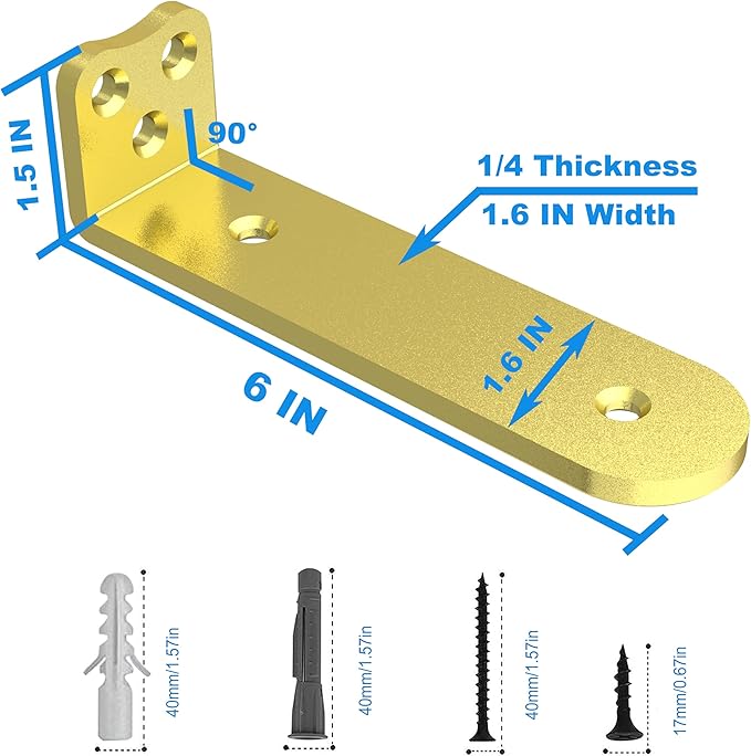 Eurydice Heavy Duty Floating Shelf Brackets, 1/4 inch Thick L Brackets, (6 in 6 Pack Gold), Holds 200 lb, Rounded Arc Edge, One-Piece, 3 Hole Mounting for Wood Shelves in Kitchen, Garage, Office, DIY
