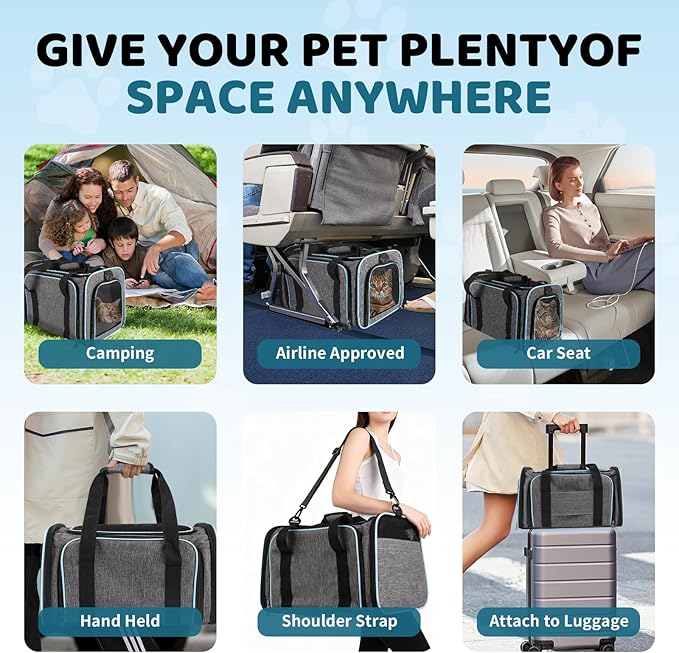Cat Carrier TSA Airline Approved - Expandable Soft Cat Dog Pet Carrier, Collapsible Pet Travel Bag Carrier with Foldable Pet Bowl for Large Cats Small Medium Dogs for Camping Vet Visiting 17*11*11