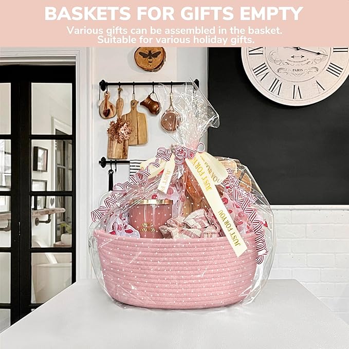CHICVITA Valentines Day Basket with Gift Bags & Ribbon Baskets for Gifts Empty, Rope Baskets for Organizing, Home Decoration for Kids, 12"x 8"x 5", Pink