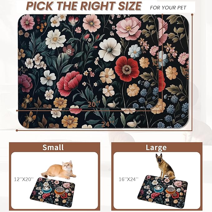 Floral Boho Dog Cat Food Mat,Pink Flower Vintage Absorbent Pet Feeding Mat with Rubber Backing,Non-Slip Water Bowl Placemat,Indoor Pet Accessories Supplies 12"x20"