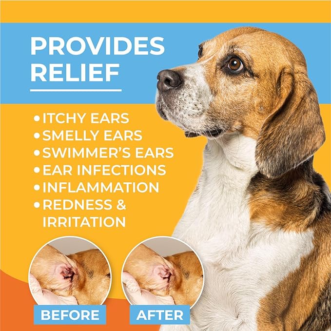 Dog Ear Cleaner - Cat & Dog Ear Infection Treatment - Medicated Pet Ear Wash, Flush, and Cleaning Solution for Dogs and Cats - Remedy for Itchy Yeast Relief