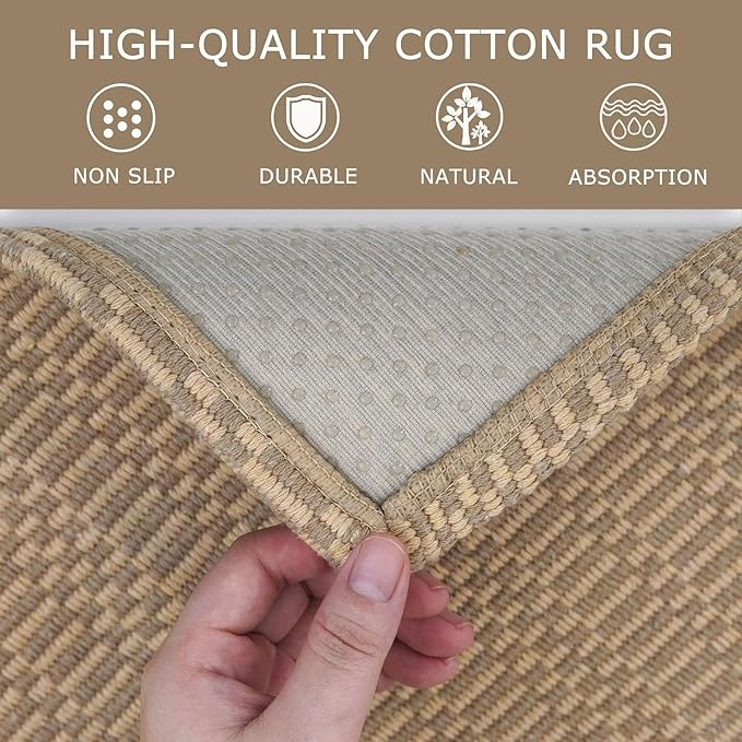 KOZYFLY Washable Entryway Rug 3x5 Ft Area Rugs Cotton Rubber Backed Throw Rugs Indoor Door Mat Kitchen Rugs Braided Floor Carpet for Front Entrance Bathroom Kitchen Living Room, Beige/Khaki