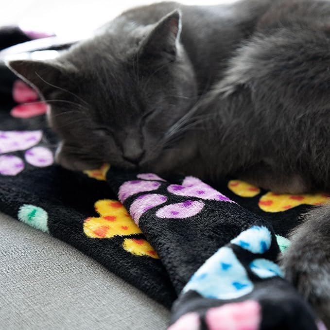 Pet Dog Cat Blanket Ultra Soft Cozy Fleece Paw Print Design Machine Washable Durable for Crates Beds Sofas Travel (Paw Buffalo Check - Purple, Medium)
