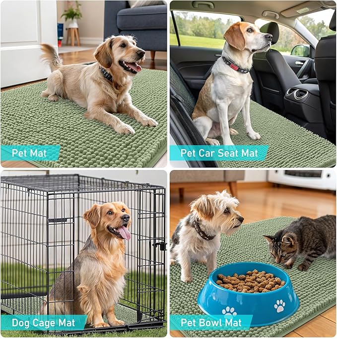 OLANLY Dog Door Mat Set 2-Piece 24x16, Absorbs Moisture and Dirt, Absorbent Non-Slip Washable Doormat, Quick Dry Chenille Mud Mat for Dogs, Entry Indoor Entryway Carpet for Inside Floor, Sage Green