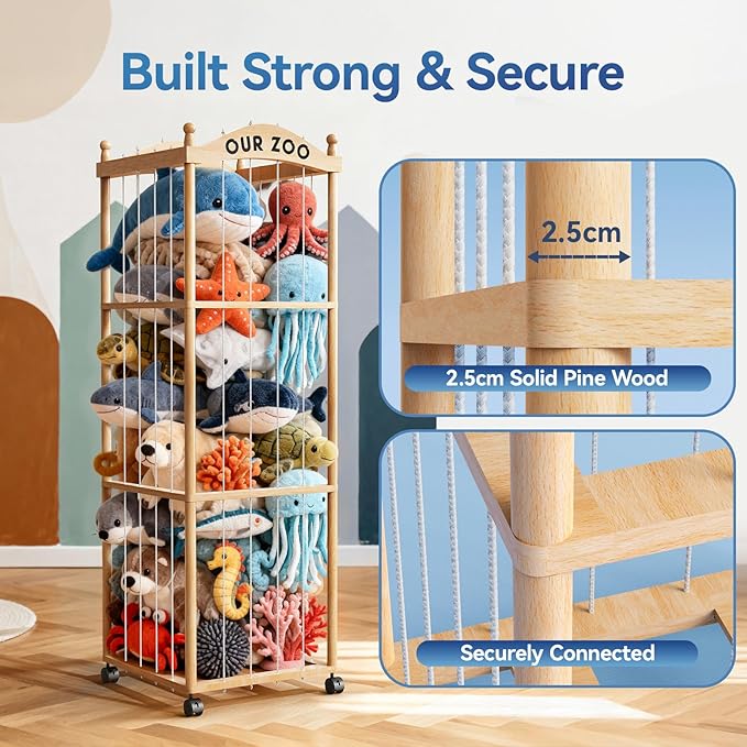 Stuffed Animal Storage Zoo Tower, Large Capacity Wooden Stuffed Animal Holder with Wheels, Space-Saving Toy Storage Organizer, Stuffy Plushies Storage for Nursery, Playroom & Bedroom