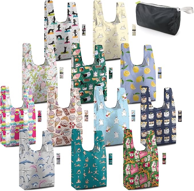 BeeGreen Animal Reusable Grocery Bags Bulk Gifts 12-Pack - Large Tote with Zipper Pouch | Foldable & Washable Polyester Shopping Bags Heavy Duty Animal Lover Gifts Reusable Bag With Handles