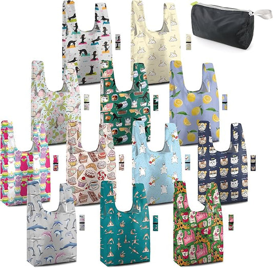 BeeGreen Animal Reusable Grocery Bags Bulk Gifts 12-Pack - Large Tote with Zipper Pouch | Foldable & Washable Polyester Shopping Bags Heavy Duty Animal Lover Gifts Reusable Bag With Handles