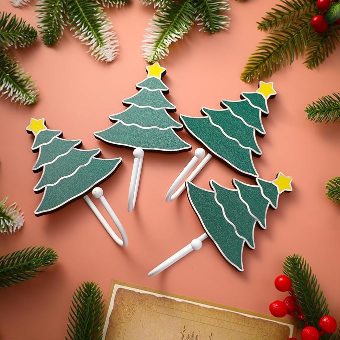 Weysat Christmas Stocking Holder Set of 4 Christmas Stocking Hooks Tree Wall Hooks for Towel White Key Holder Bathroom Decor Rustic Decorative for Living Room Bathroom