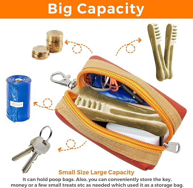 Dog Poop Bag Holder Zippered Pouch, Portable Dog Poop Bag Dispenser with 1 Metal Clip, Fashion Color Matching Canvas Waste Bag Holder for Leashes - Brown & Black