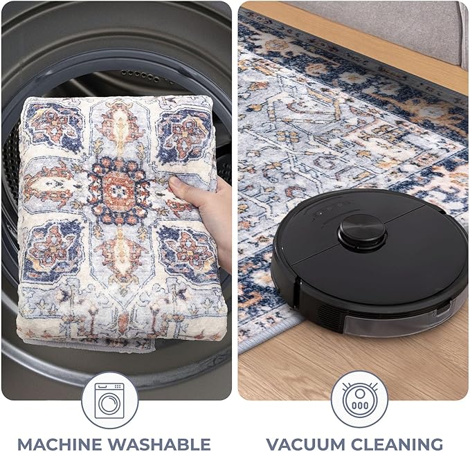 KOZYFLY Runners for Hallways 2x6 Ft Washable Kitchen Runner Rug Boho Runner Rug for Entryway Indoor Printed Oriental Faux Wool Floor Carpet Runner for Bedroom Kitchen Hall, Blue Gray/Cream