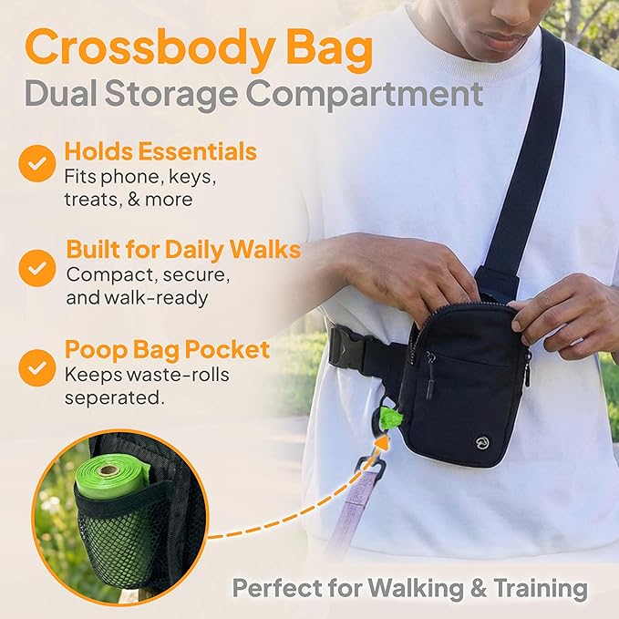 Hands Free Crossbody Dog Leash Bag with Built-in Poop Bag Dispenser & Storage, Dual Bungee Shock-Absorbing Leash with Dual Handles for Small, Medium, Large Dogs Walking or Training (Blue)
