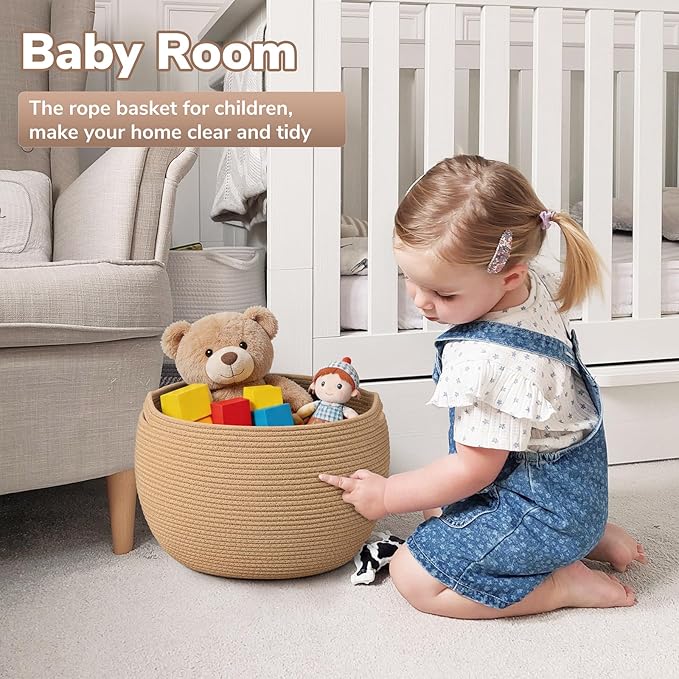 Goodpick Large Toy Storage for Kids, Woven Baby Basket for Nursery Living Room, Empty Decorative Basket for Gifts, Round Storage Baskets for Shelves, Camel, 15.7"D x 10.5"H