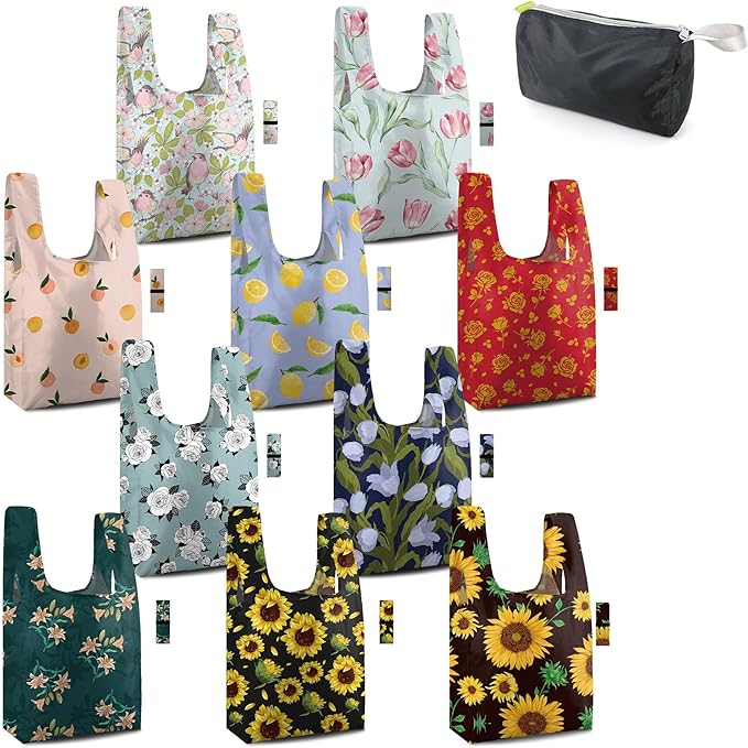 BeeGreen Flower Reusable Grocery Bags Bulk Gifts 10-Pack - Large Tote with Zipper Pouch | Foldable & Washable Polyester Shopping Bags Heavy Duty Flower Lover Gifts Reusable Bag With Handles