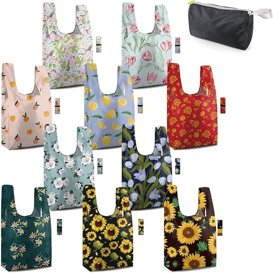 BeeGreen Flower Reusable Grocery Bags Bulk Gifts 10-Pack - Large Tote with Zipper Pouch | Foldable & Washable Polyester Shopping Bags Heavy Duty Flower Lover Gifts Reusable Bag With Handles
