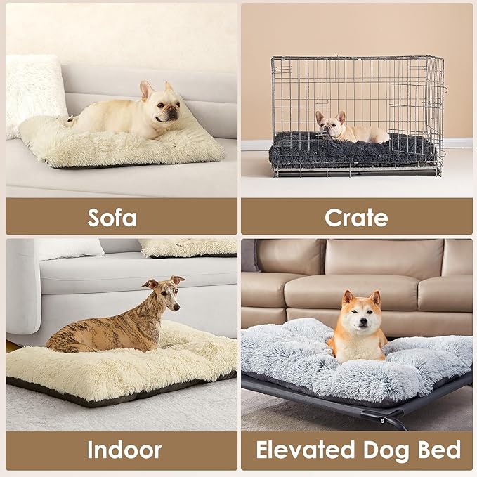 EHEYCIGA Fluffy Dog Crate Bed for Medium Dogs, Plush Faux Fur Crate Pad, Calming Anti Anxiety Medium Dog Bed, Washable Soft Warm Mat with Non-Slip Bottom, Ivory Beige