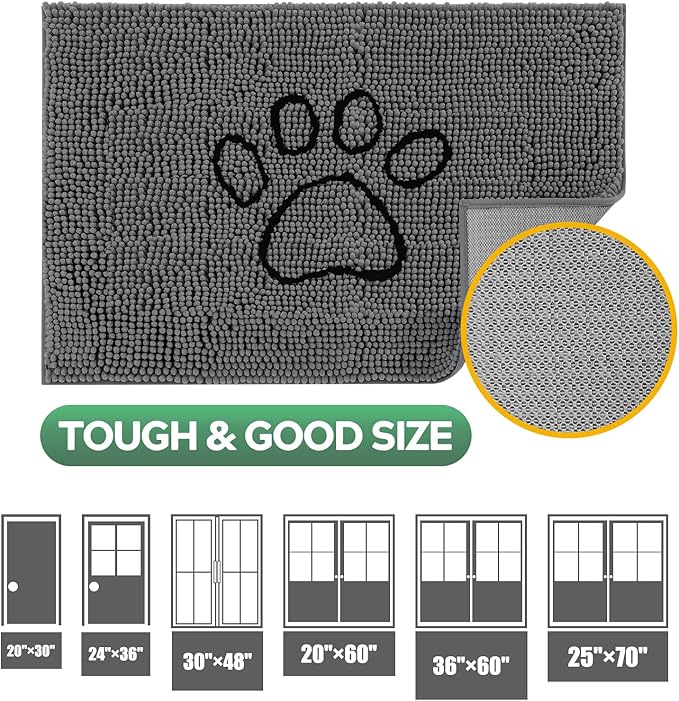 Dog Door Mat for Muddy Paws, Pet Rug Chenille Absorbent Outdoor Doormat 48"x 30", Non Slip Heavy Indoor Doormat Soft Front Inside Doormats for Entryway, Mud Paws, Patio,Dog Paw Black Grey