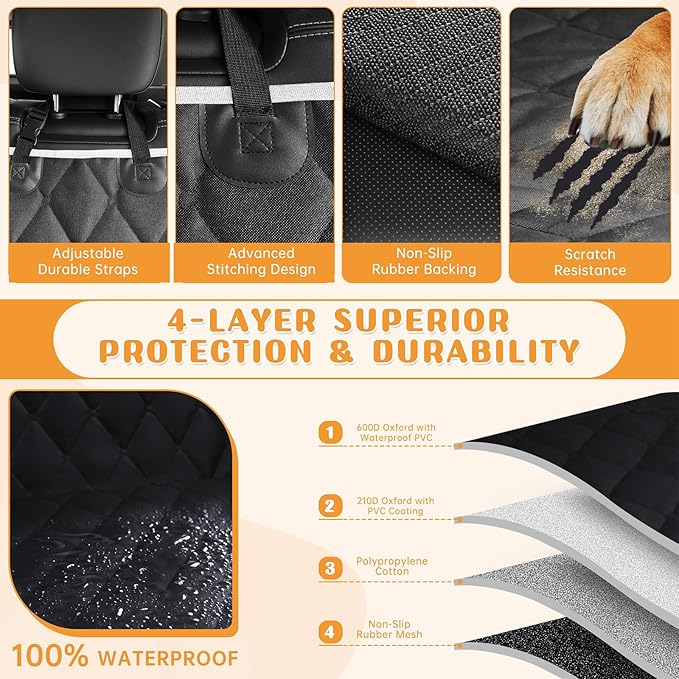 Dog Car Seat Cover for Back Seat 100% Waterproof, Long-Lasting and Soft Nonslip Backseat Dog Cover for Cars, SUVs and Trucks (Black-White, Standard (54" W x 59" L))