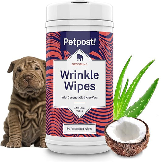 Petpost Large Wrinkle Wipes for Dogs | 60 Count 5x7 Dog Face & Wrinkle Cleaner | Gentle Pet Wipes with Coconut Oil & Aloe for Bulldogs, Pugs & Wrinkly Breeds | Dog Cleaning Wipes