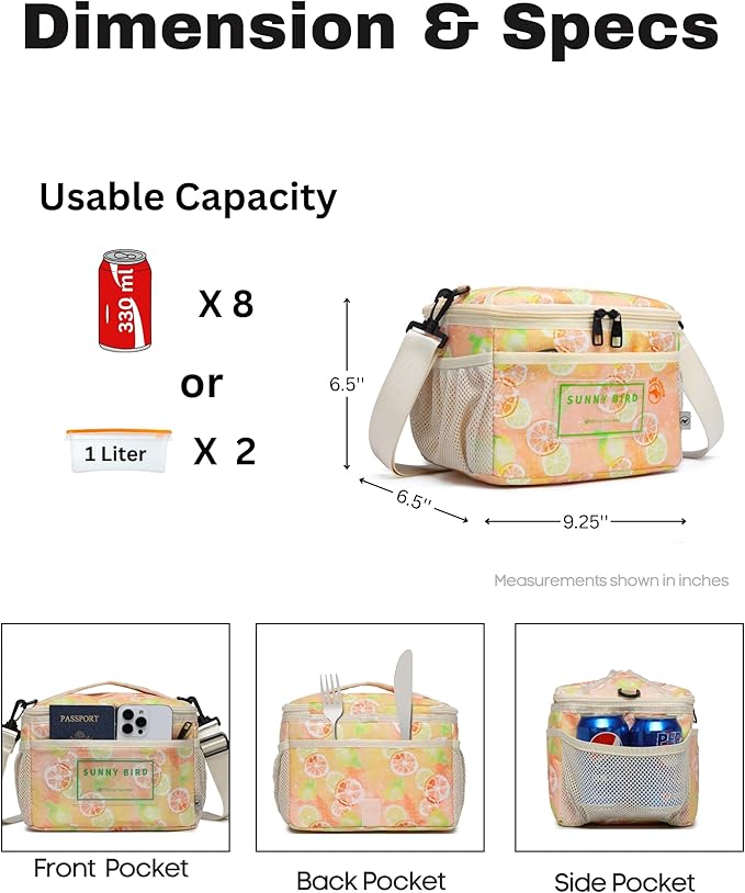 SUNNY BIRD Foldable Insulated Lunch Bag Leakproof Thermal Lunch Box for Women Men Teen with Shoulder Strap (Grapefruit Pink)