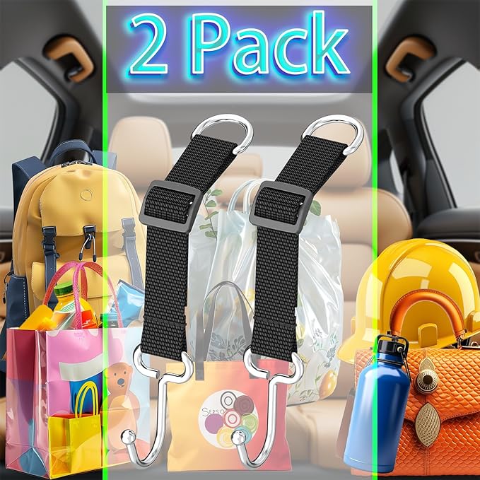 Car Headrest Hooks for Purse and Bags, Purse Holder for Car, Adjustable Back Seat Hanger, Metal Heavy Duty 100 lbs, (C1)