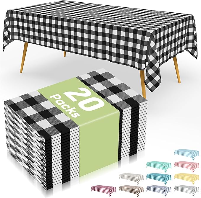 Smiry 20 Packs Gingham Disposable Table Cloth, 54 x 108 Inch Waterproof Plastic Tablecloth, Rectangle Black and White Checkered Table Covers for Picnic, Birthday, Party