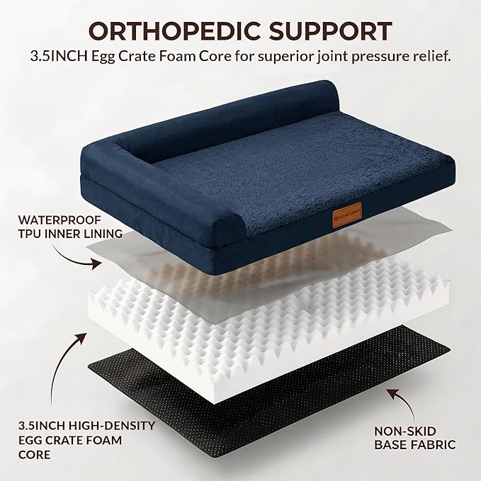 Patas Lague Orthopedic Dog Bed Medium Size Dog 30''X20'', Waterproof L Bolster Medium Pet Sofa Beds with Removable Washable Cover, Soft Pet Couch Crate Mat with Nonskid Bottom, Navy Blue