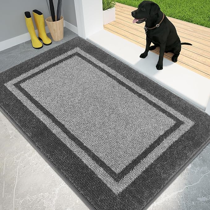 PURRUGS Dirt Trapping Door Mat 34" x 60", Non-Slip Machine Washable Entryway Rug, Entrance Mat, Indoor Front Door Mat, Super Absorbent Entry Rug for Muddy Shoes & Paws, Light Grey & Dark Grey