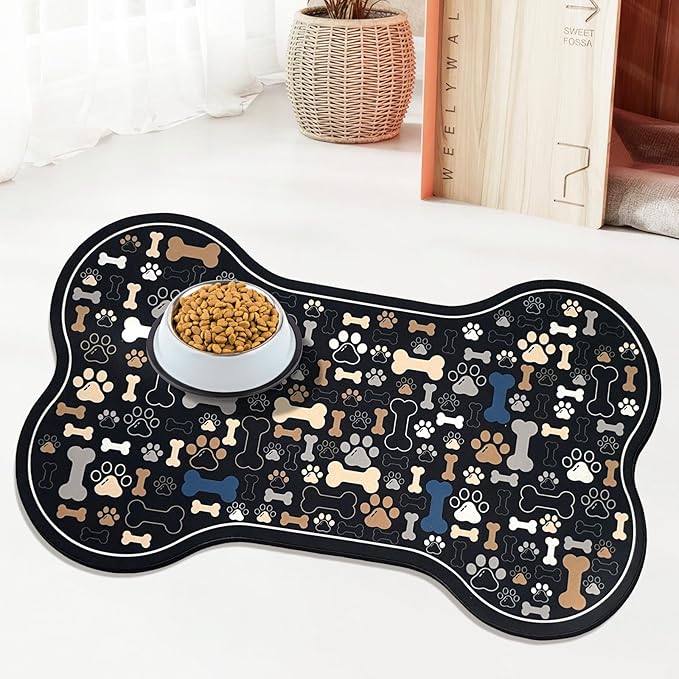 Dog & Cat Food Mat Bone Shaped Pet Feeding Mat Quick Absorb Water Bowl Placemat with Rubber Backing Indoor Floor Stain Resistant Pet Accessory Supplies (Black, 17x29 Inches)