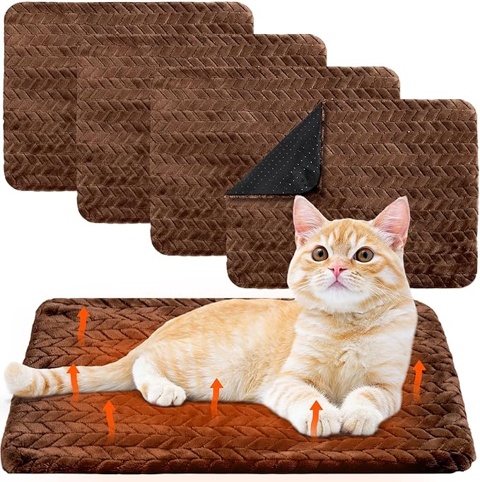 Drydiet 4 Pack Self Heating Cat Pad 16 x 20 Inch Self Warming Cat Bed Non Slip Warm Dog Pad Mat Washable Pet Kennel Crate Bed Mat for Indoor Outdoor Pets(Dark Coffee,16 x 20 Inch)